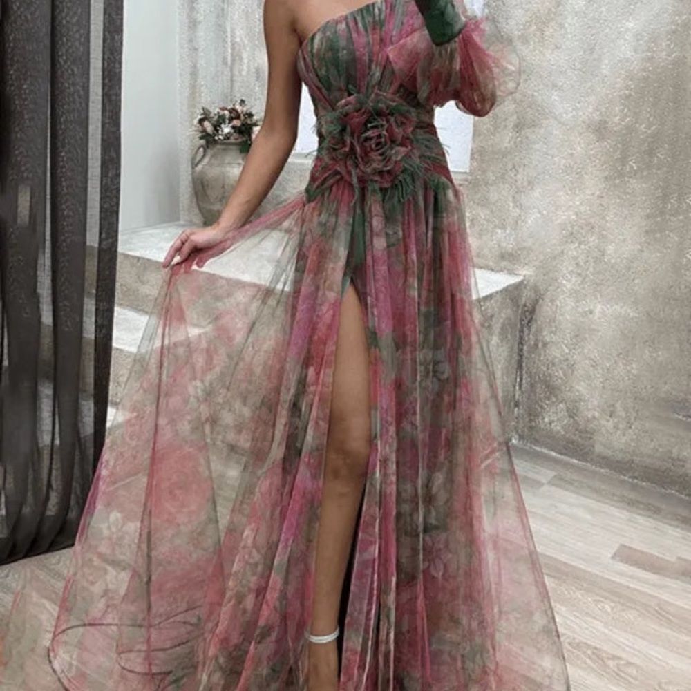 Elegant Mesh Floral One-Shoulder Dress